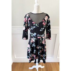 City Studio Womens Floral Fit & Flare Dress Size 18 Black Mesh Insert 3/4 Sleeve